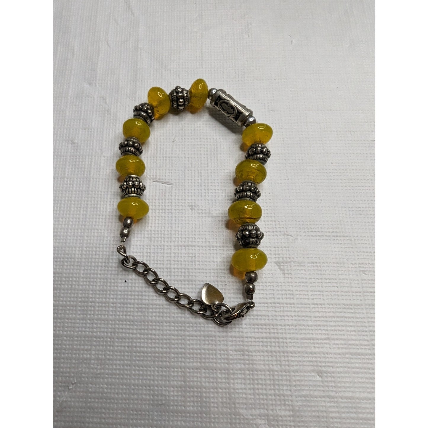 Vintage 1990s Single Strand Beaded Necklace Yellow Glass Beads Silver Metal