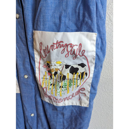 Vintage 1970s Womens Sz S Chambray Pearl Snap Nightgown Cow Pockets Country