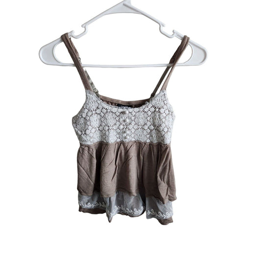 Vintage Y2K Rue 21 Womens Sz S Cropped Ruffled Tank Top Crochet Brown White