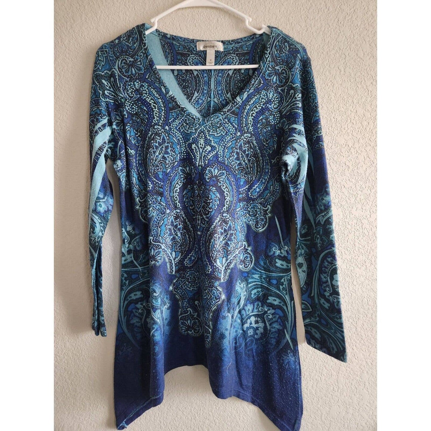 Vintage Dressbarn Womens Sz M Long Sleeve Tunic Top Blue Paisley Print