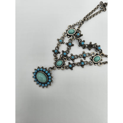 Vintage Y2K Womens Pendant Beaded Necklace Silver Tone and Turquoise Stones