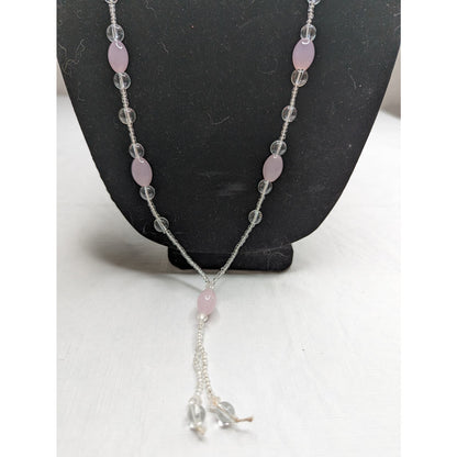 Vintage Single Strand Glass Seed Bead Necklace Light Pink and Crystal