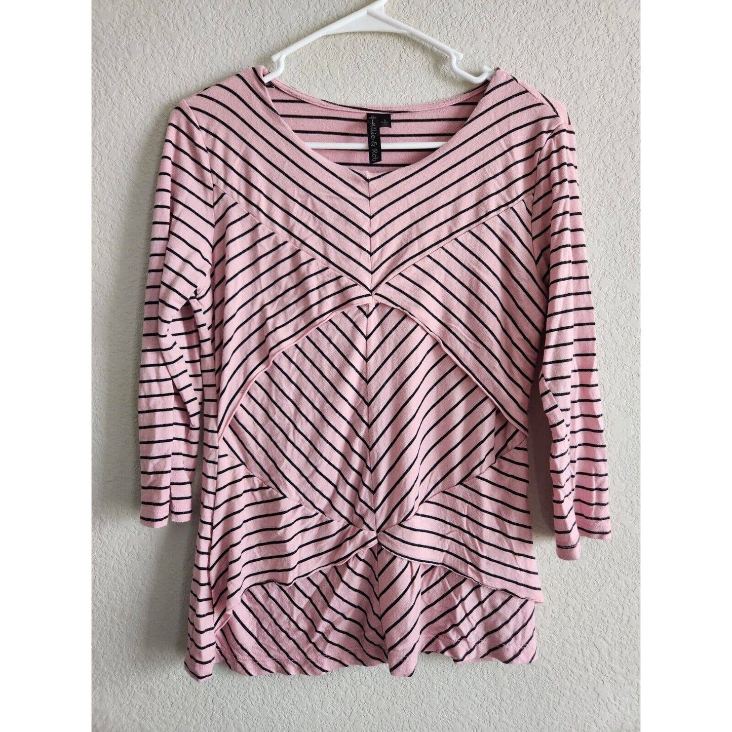 Allie & Rob Womens Sz S Long Sleeve Blouse Pink Black Striped Tiered