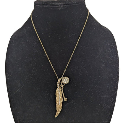 The Limited Womens Gold Tone Chain Necklace Feather Key Rhinestone