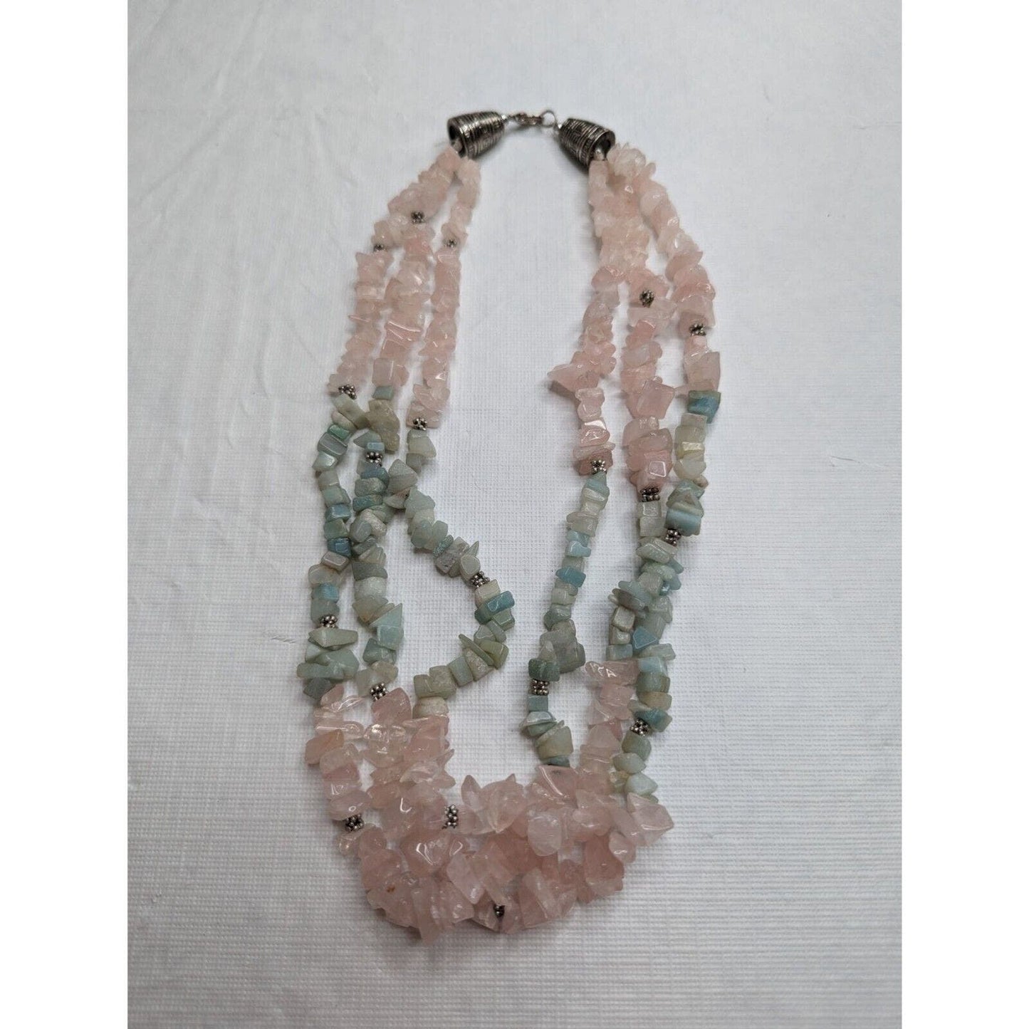 Vintage Multi Strand Natural Stone Beaded Necklace Light Pink and Blue