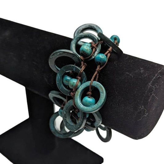 Vintage 1970s Teal Wooden BEaded Tiered Chunky Bracelet Brown String