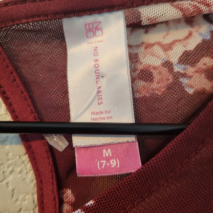 No Boundaries Juniors Sz M Short Sleeve Blouse Dark Red Floral Mesh