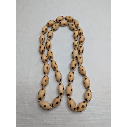 Vintage Mid Century Light Beige Oval Wooden Beaded Necklace Single Strand