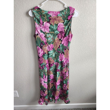 Vintage DJ Summers Womens Sz 8 Midi Length Sleeveless Dress Pink Green Floral