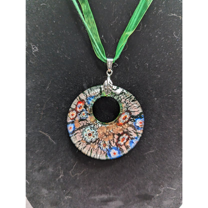 Vintage 1990s Art to Wear Glass Pendant Necklace w/ Green Ribbon