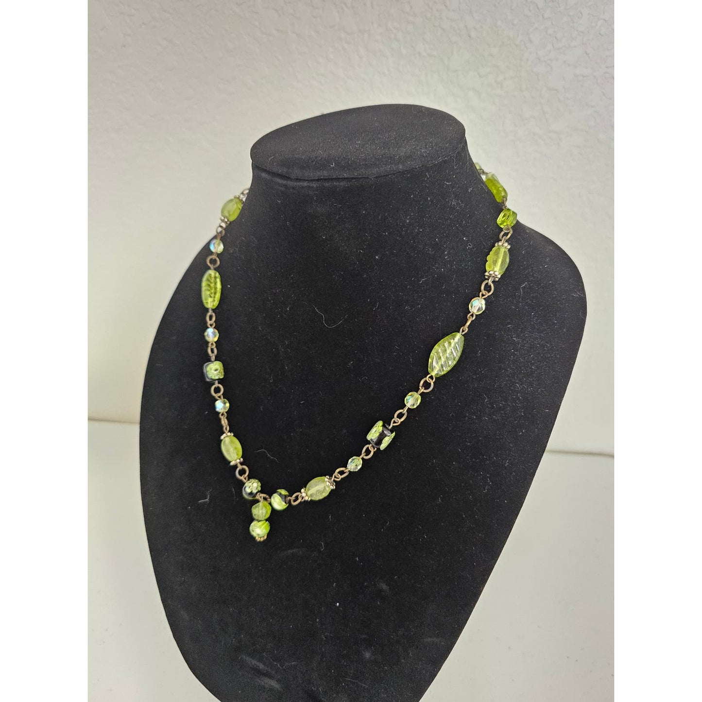 Vintage Lime Green Glass Beaded Necklace Silver Chain Art to Wear