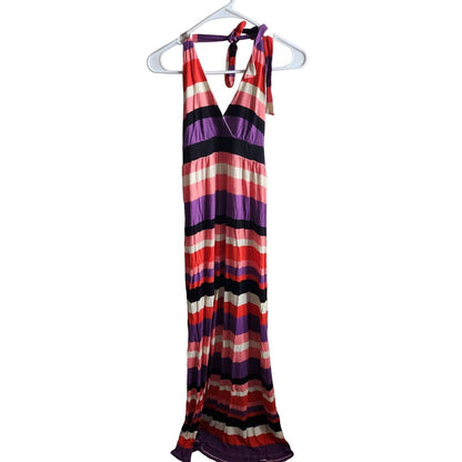 Felicity & Coco Womens Sz M Maxi Halter Dress Pink Purple Black Striped