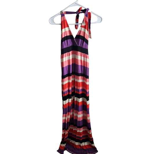 Felicity & Coco Womens Sz M Maxi Halter Dress Pink Purple Black Striped