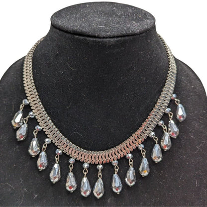 Vintage Silver and Black Teardrop Style Rhinestone Necklace