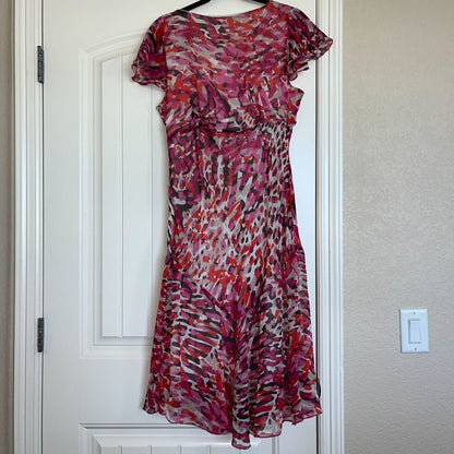 Moda George Womens Sz M A Line Midi Dress Pink Short Sleeve Chiffon