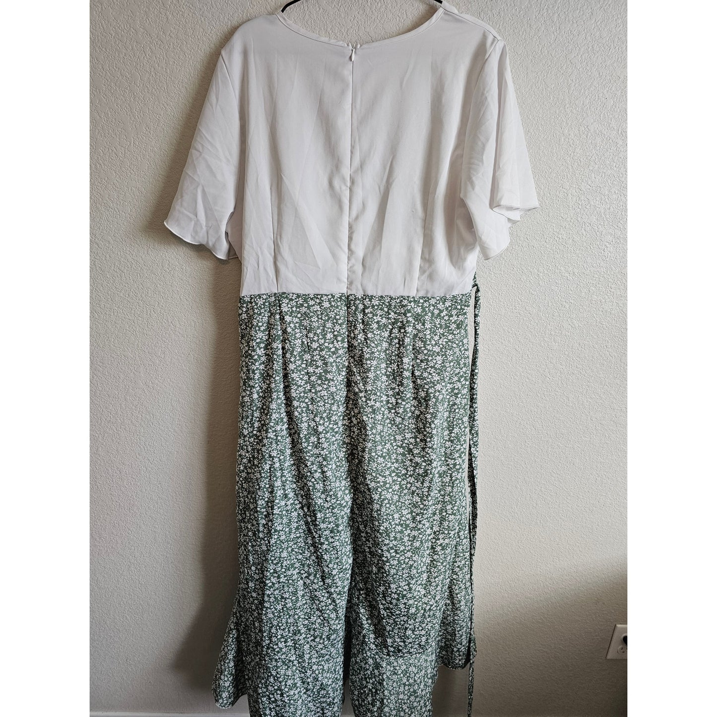 Shein Womens Sz XXL High Low Hem Tie Waist Dress White Green Floral