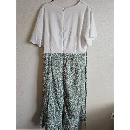 Shein Womens Sz XXL High Low Hem Tie Waist Dress White Green Floral
