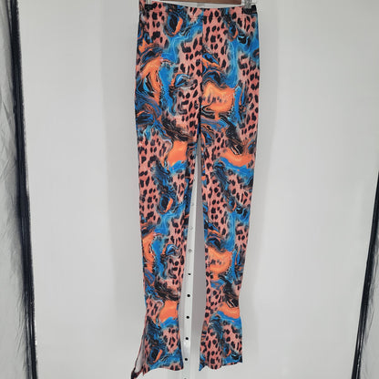 Shein Womens Sz S Pull On Bell Bottom Pants Bright Cheetah Print Y2K Inspired