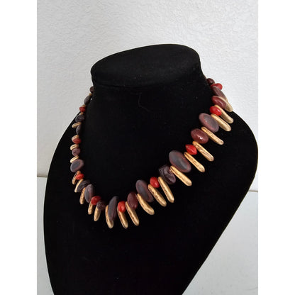 Vintage Mid Century 1960s Womens Single Strand Wooden Beaded Necklace Red Brown