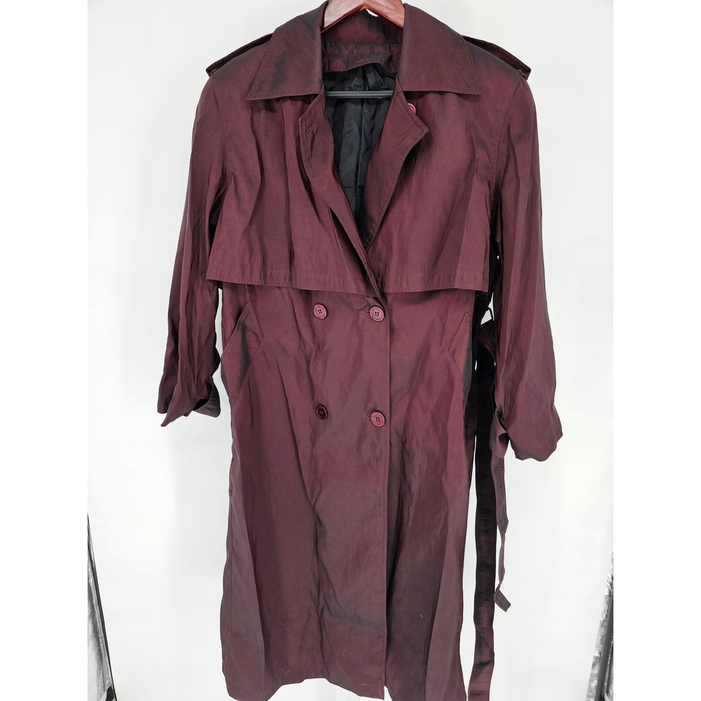 Vintage 1980s Womens Sz M Midi Length Trench Coat Purple Metallic Sheen Belted