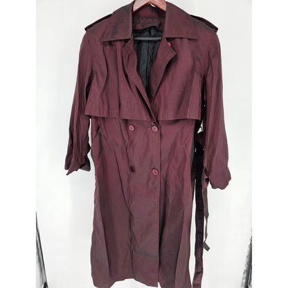 Vintage 1980s Womens Sz M Midi Length Trench Coat Purple Metallic Sheen Belted