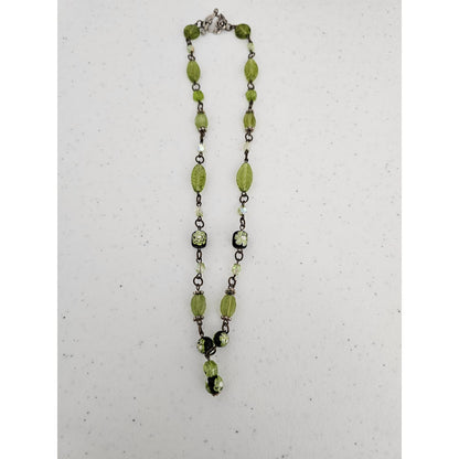 Vintage Lime Green Glass Beaded Necklace Silver Chain Art to Wear