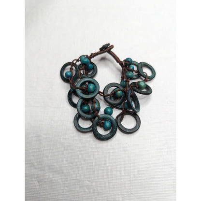 Vintage 1970s Teal Wooden BEaded Tiered Chunky Bracelet Brown String