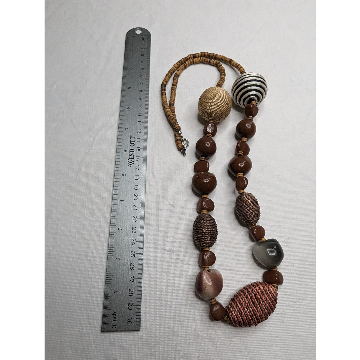 Vintage 1970s Single Strand Chunky Beaded Necklace Wood Multi Media Brown