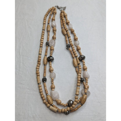 Vintage 3 Strand Wood Wooden Beaded Necklace w/ Natural Stone Beads