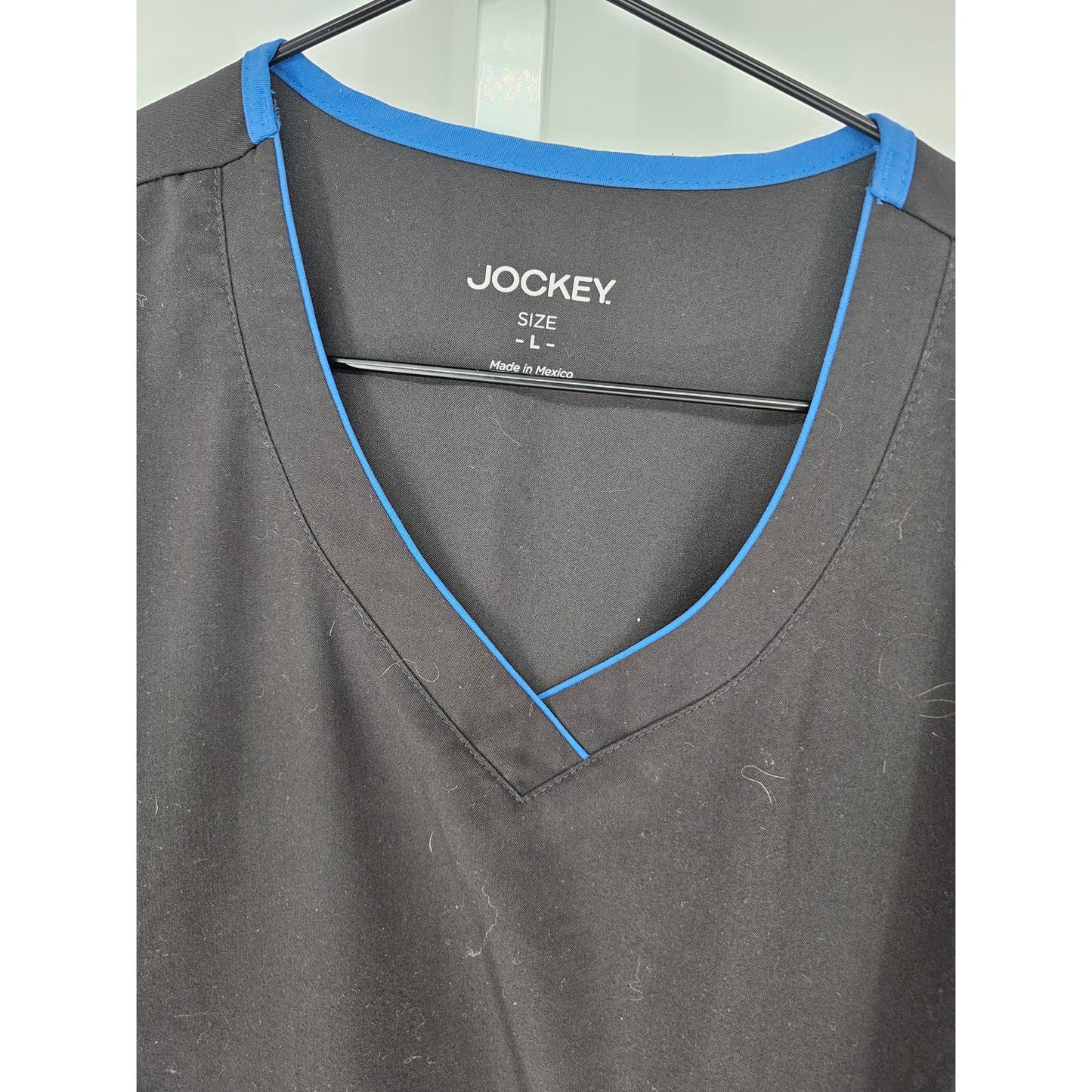 Jockey Womens Sz L Short Sleeve V Neck Scrub Top Black Blue Trim