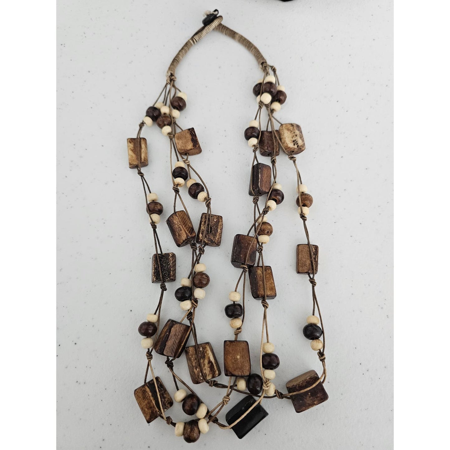 Vintage Mid Century Brown Wood Wooden Multi Strand Beaded Necklace