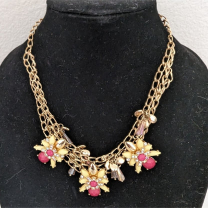 Womens Gold Tone Chunky Rhinestone Layered Necklace Pink Yellow Floral