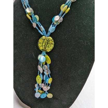 Vintage Multi Strand Seed Bead and Disc Bead Necklace Blue and Green