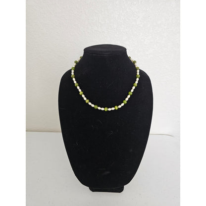 Mid Century Single Strand Round Beaded Necklace Freshwater Pearl Avocado Green