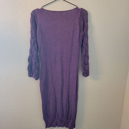 Newport News Womens Sz M Midi Sweater Dress Purple Sparkly Crochet Sleeve