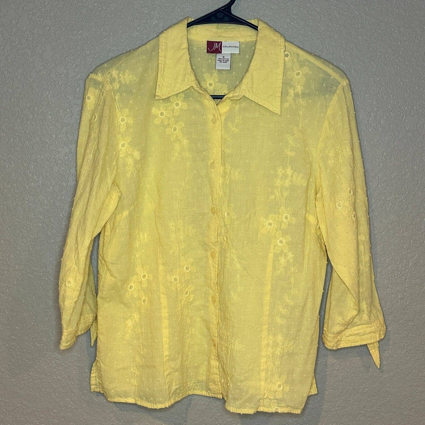 JM Collection Womens Sz 8 100% Cotton Bright Yellow Button Front Blouse