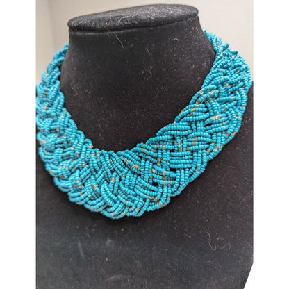 Vintage Multi Strand Braided Seed Bead Collar Statement Necklace Blue