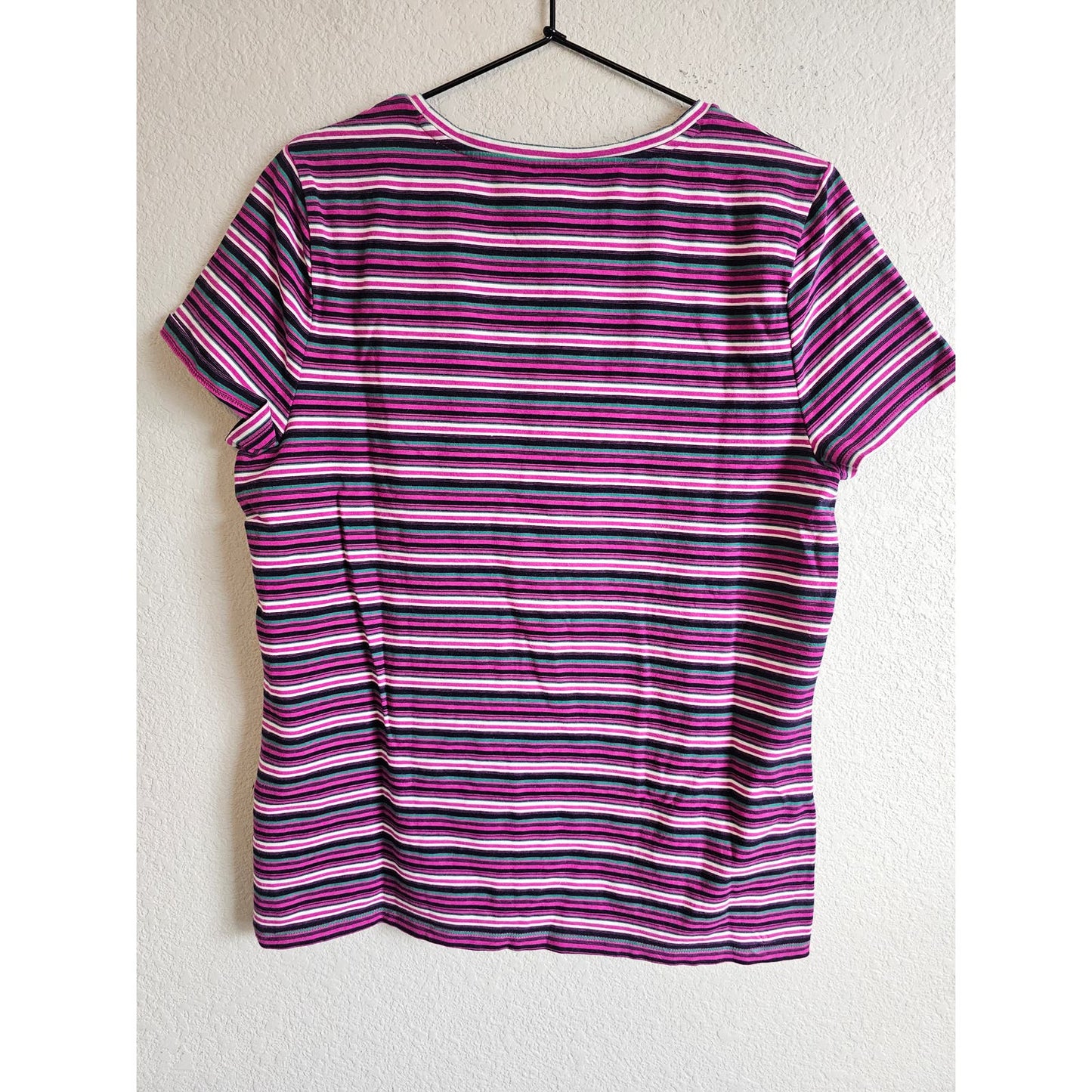 Talbots Womens Sz L Short Sleeve Classic T Shirt Purple Striped Cotton Blend