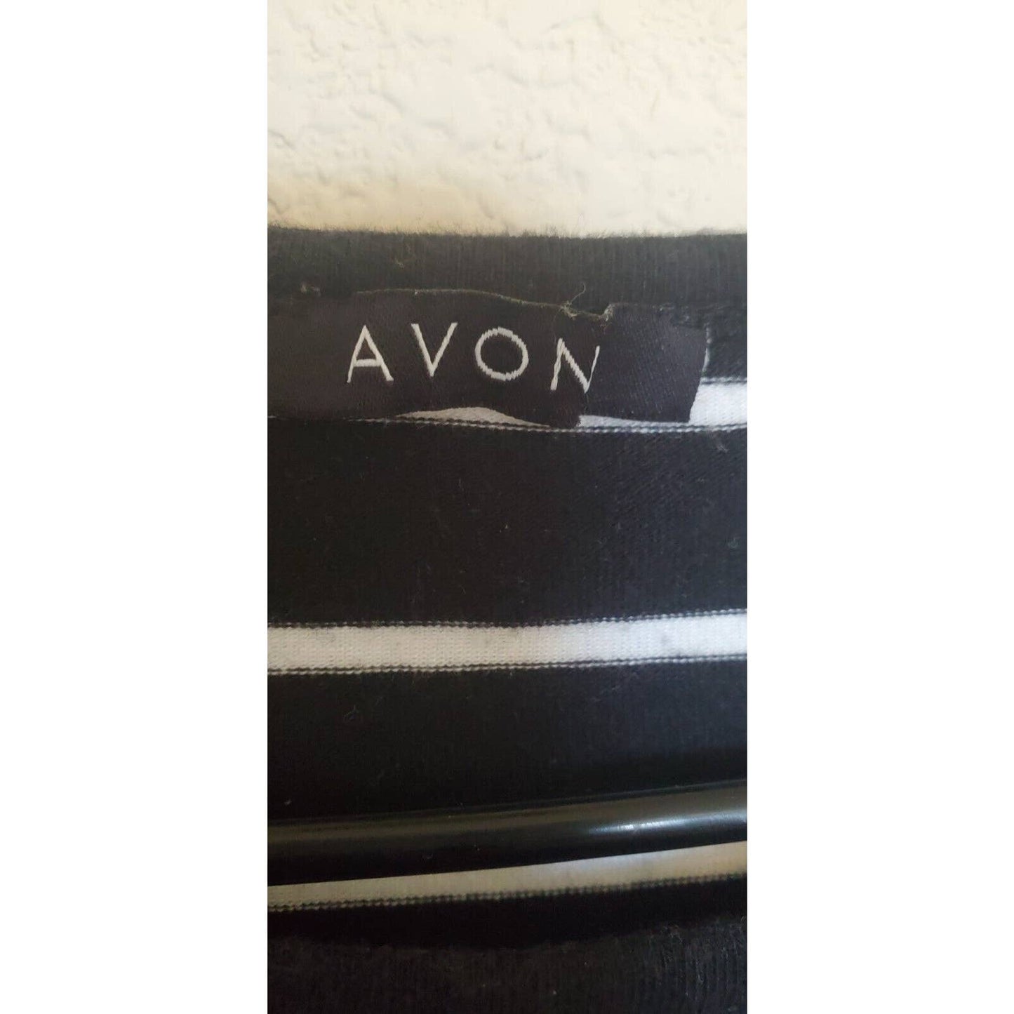 Avon Womens Sz M 3/4 Sleeve Black and White Striped T Shirt Ruched Front