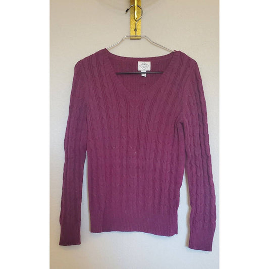 St Johns Bay Womens Sz S Cotton Blend V Neck Sweater Purple Cableknit