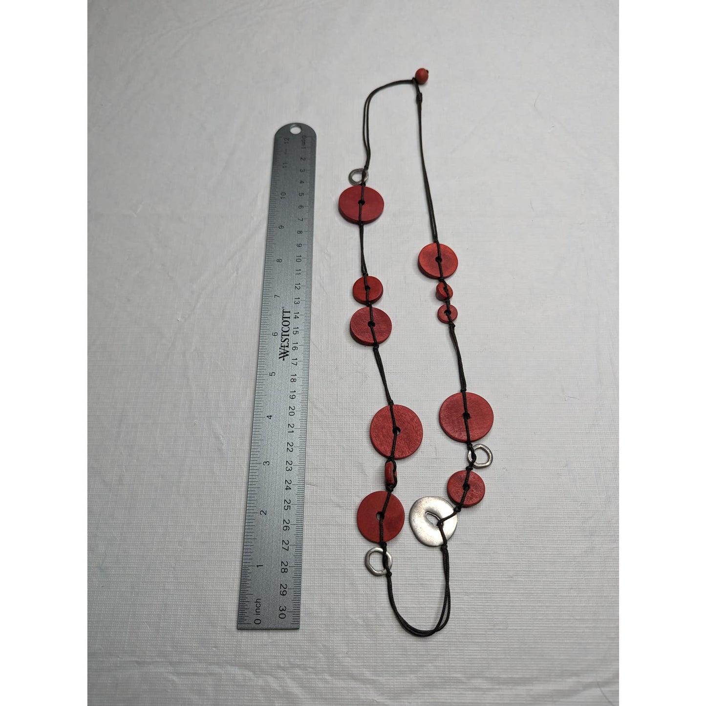 Vintage Red and Silver Wooden Disc Single Strand Mod Necklace