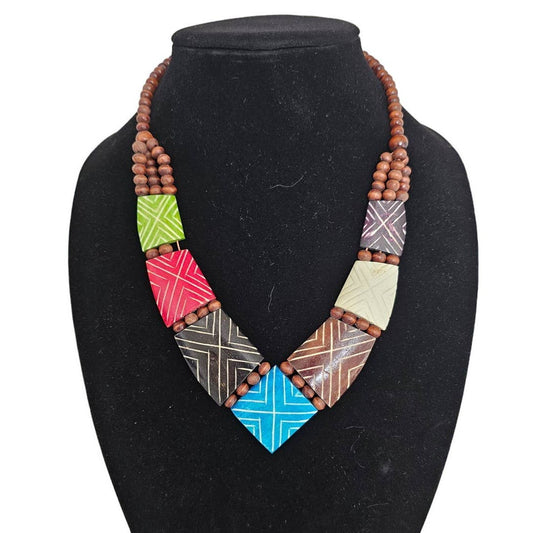 Vintage Aztec Geometric Style Beaded Necklace Wooden Colorful Art to Wear