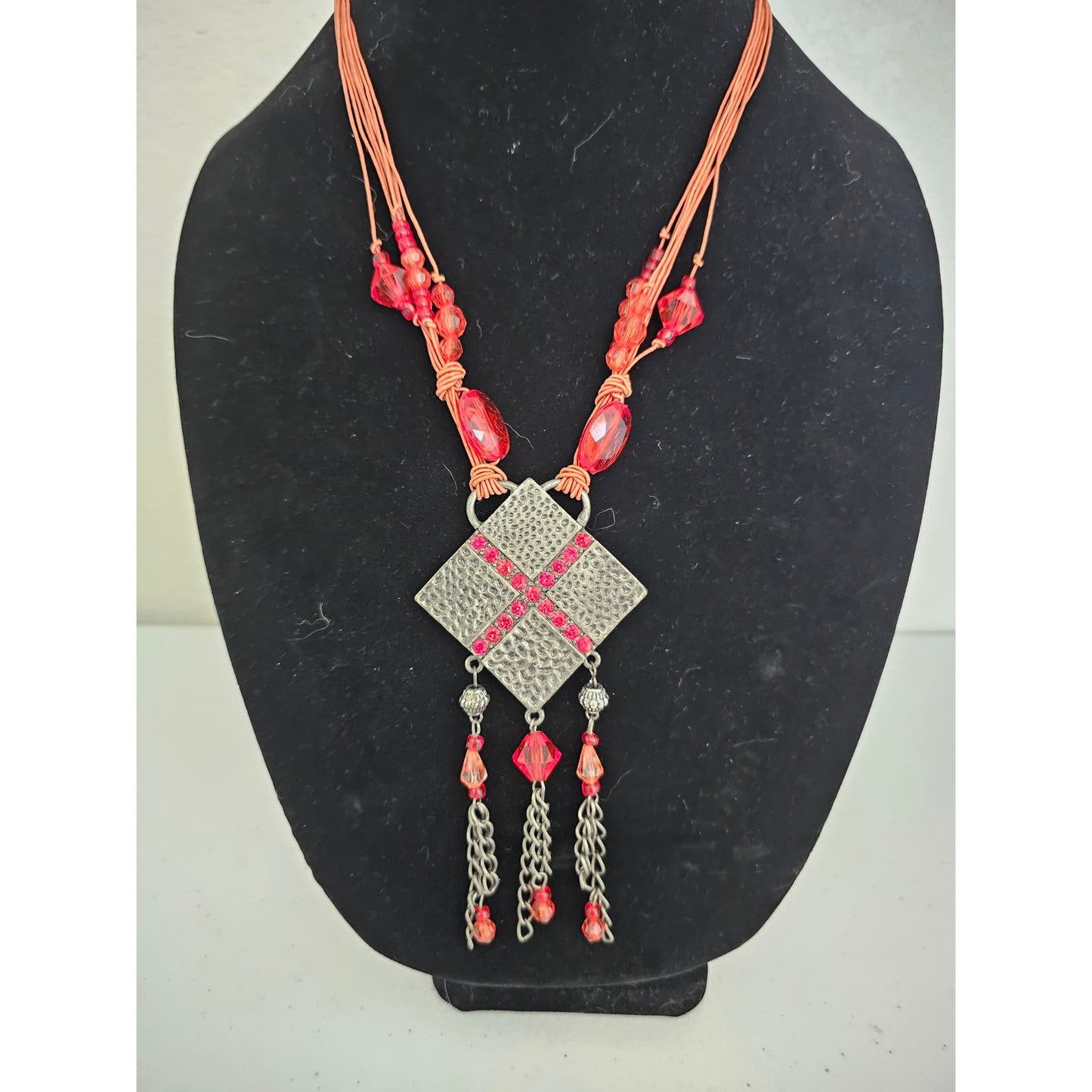 Vintage Aztec Style Pendant Necklace Mixed Media Pink and Silver Tones