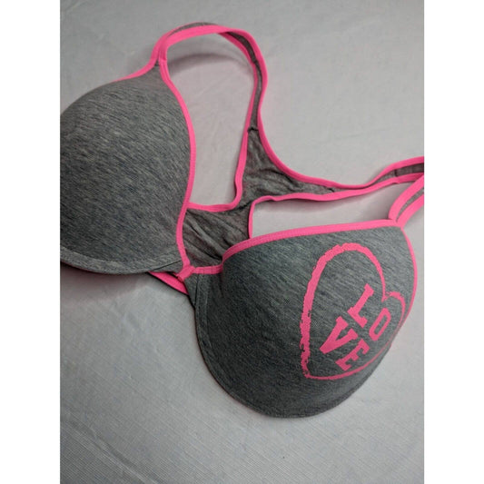 Fruit of the Loom Sz 36D Front Clasp T Shirt Bra Gray Pink Heart