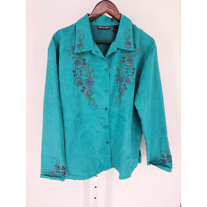 Fashion Classics Womens Sz XL Long Sleeve Button Up Top Teal Embroidered Floral