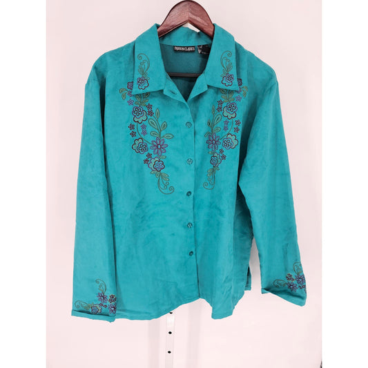 Fashion Classics Womens Sz XL Long Sleeve Button Up Top Teal Embroidered Floral