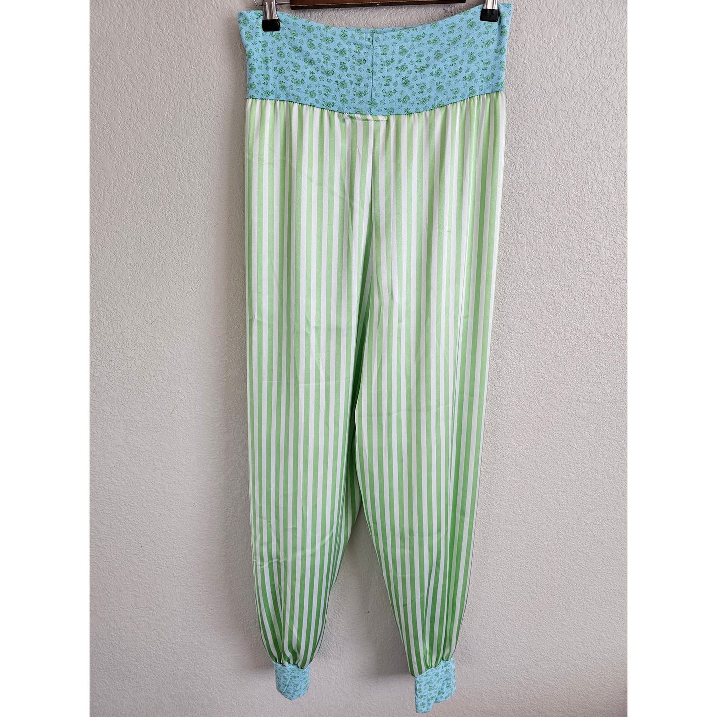 Ver'e'ne Womens Sz S Pull On Jogger Hsren Pants Satin Green White Striped Blue