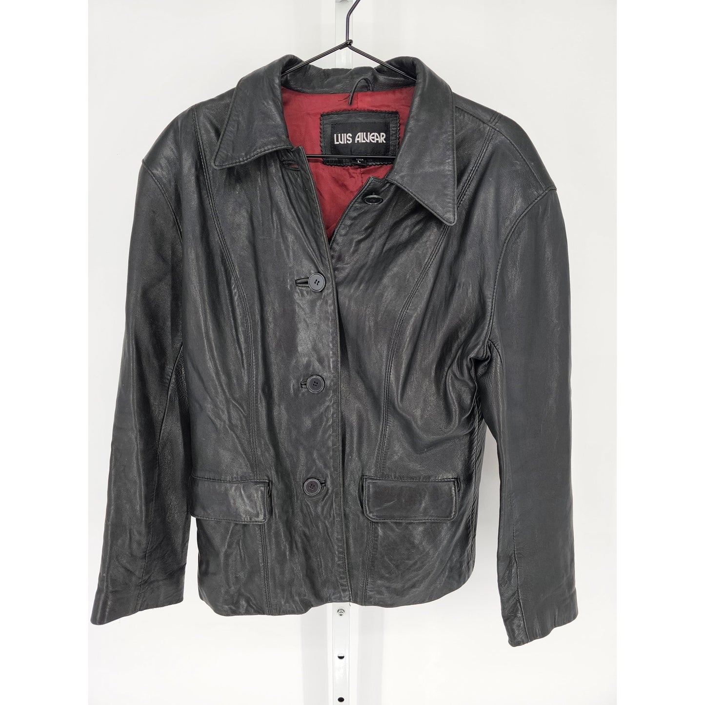 Vintage Louis Alvear Womens Sz L Button Up Black Leather Jacket