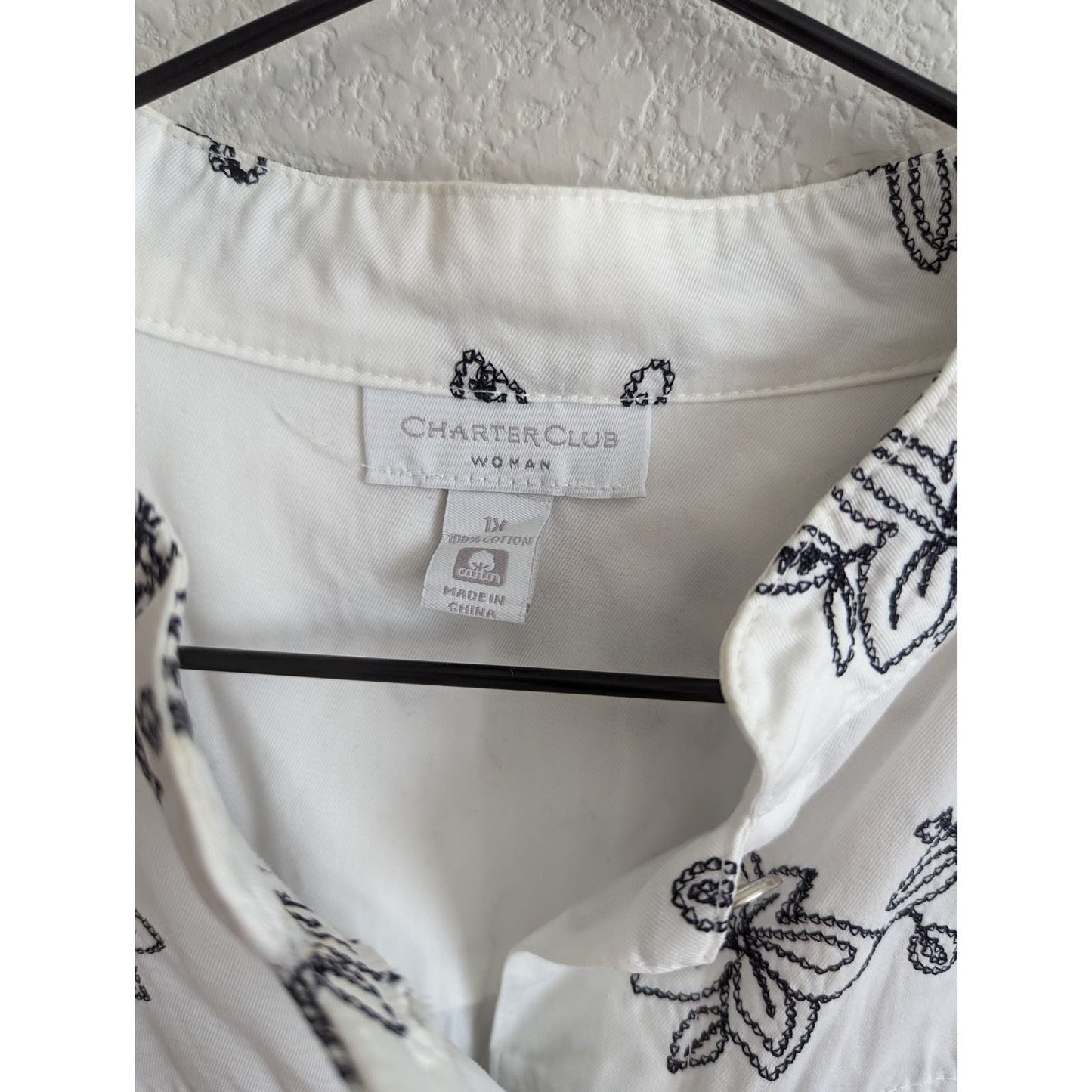 Charter Club Sz 1X Lightweight Button Front Jacket White Embroidered