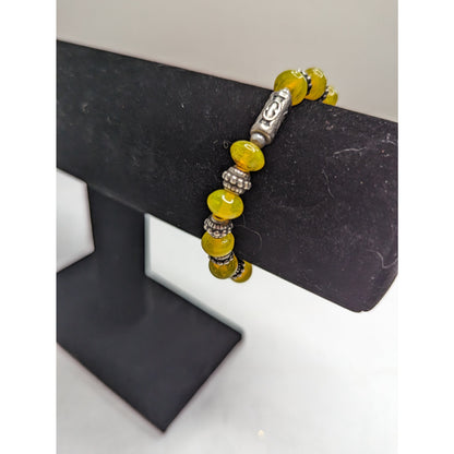 Vintage 1990s Single Strand Beaded Necklace Yellow Glass Beads Silver Metal